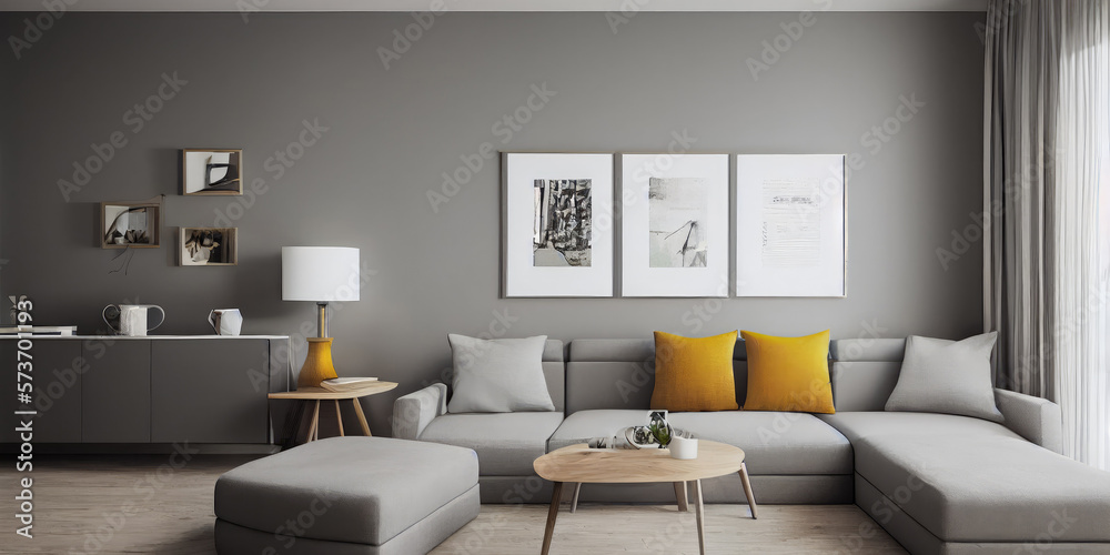 Elegant and comfortable designed living room with big corner sofa. Interior design modern apartment. Generative AI. Elegant and comfortable designed living room with big corner sofa. Interior design modern apartment. Generative AI.
