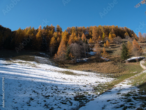 Tour in the Ayas valley in autumn. Alps, Italy.
