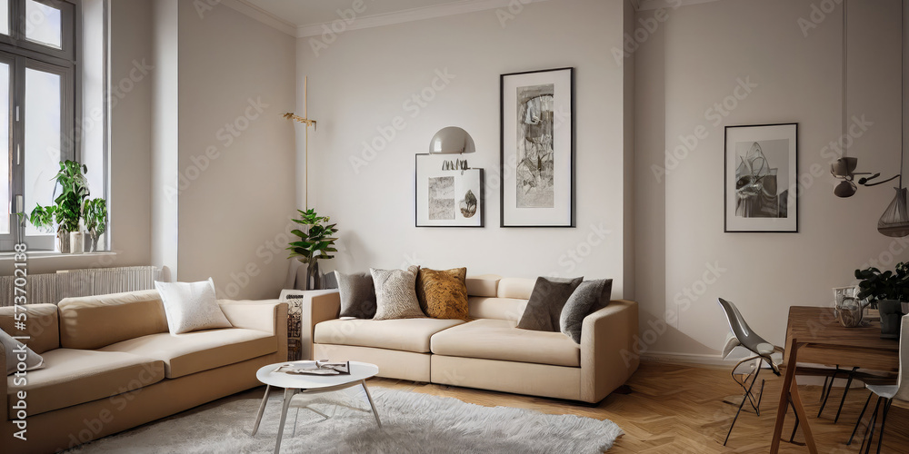 Stylish scandinavian composition of living room with design armchair, mock up poster frame, personal accessories in modern home decor. Generative AI. Stylish scandinavian composition of living room with design armchair, mock up poster frame, personal accessories in modern home decor. Generative AI.