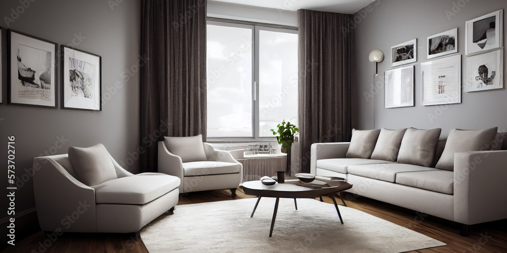 Elegant and comfortable designed living room with big corner sofa. Interior design modern apartment. Generative AI. Elegant and comfortable designed living room with big corner sofa. Interior design modern apartment. Generative AI.