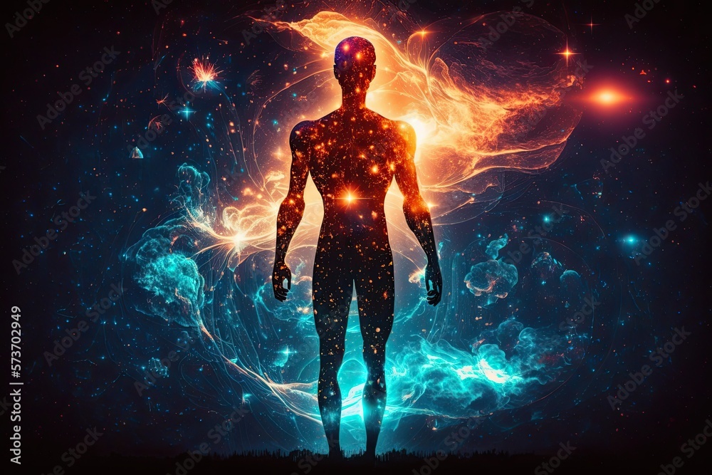 Astral body silhouette with abstract space background, esoteric (AI generated)