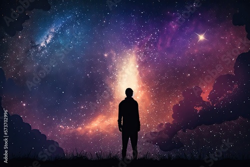 Silhoutte of a man against the universe, cosmic background, meditation