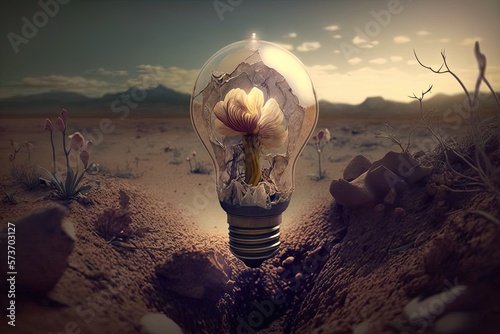 Lighbulb with flower inside, wasteland in the background