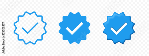 Verified icon badge for account profile, vector check tag marks. Verified blue icons for business account or member login and verification check