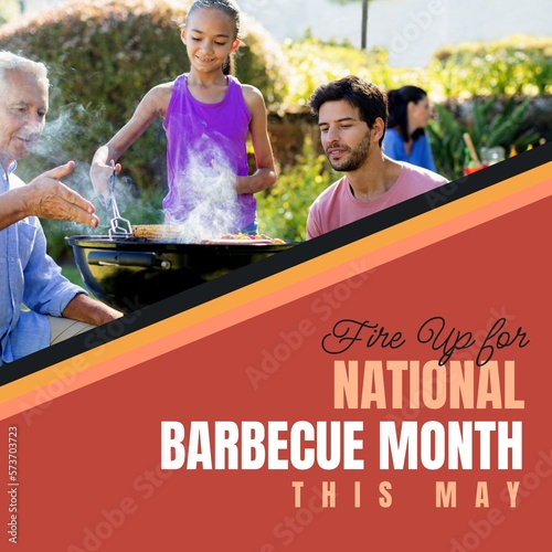Fire up for national barbecue month this may text over diverse family grilling food on barbecue