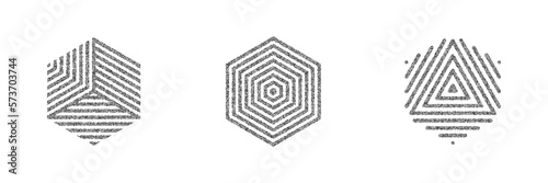 Noise grain tattoo, pointillism black gradient of dots pattern, geometric vector. Grain noise stipple effect, grainy halftone dotwork texture triangle, square and cube