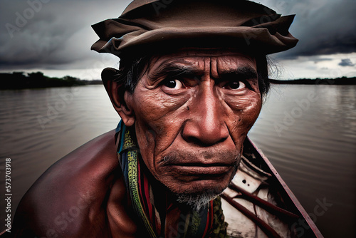 Foto Close up of an elder indigenous fisherman on his canoe in the Amazonas River,  G