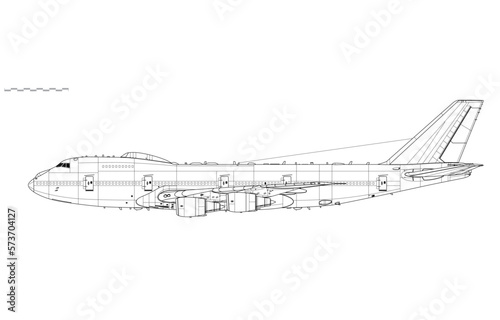 Boeing E-4B Nightwatch. Doomsday plane. Vector drawing of strategic command and control aircraft. Side view. Image for illustration and infographics.