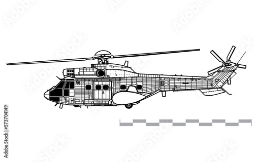 Eurocopter AS332 Super Puma. Vector drawing of utility helicopter. Side view. Image for illustration and infographics.