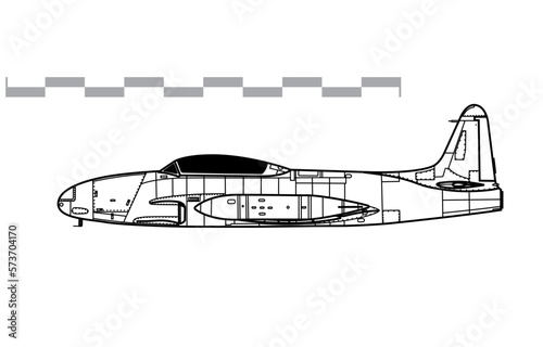 Lockheed T-33A Shooting Star. Vector drawing of jet training aircraft. Side view. Image for illustration and infographics.