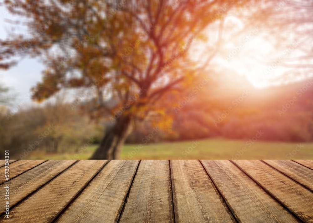 Wooden board table on nature background.