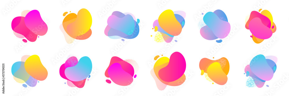 Color gradient blend splash in abstract shape pattern, vector halftone backgrounds. Color blend gradient of liquid fluid splash forms and trendy minimal design elements