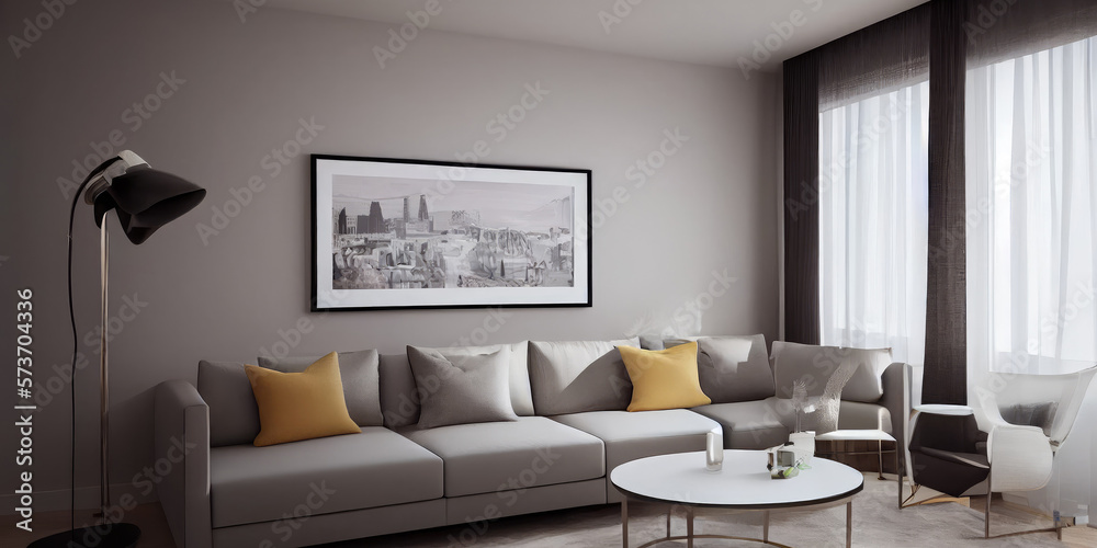 Obraz premium Elegant and comfortable designed living room with big corner sofa. Interior design modern apartment. Generative AI.