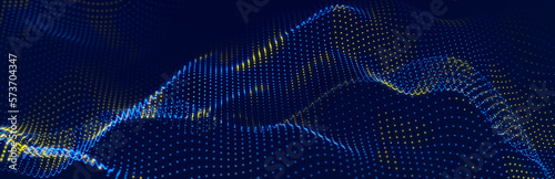 Wave of streaming particles on a light blue background. Abstract background with dynamic elements of waves and dots. 3d