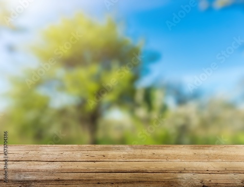 Wooden board table on nature background.