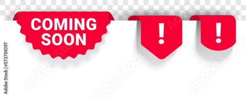 Coming soon, announce promo banner or new opening icons, vector under maintenance signs. Coming soon bookmark ribbons for web page or website maintenance announcement