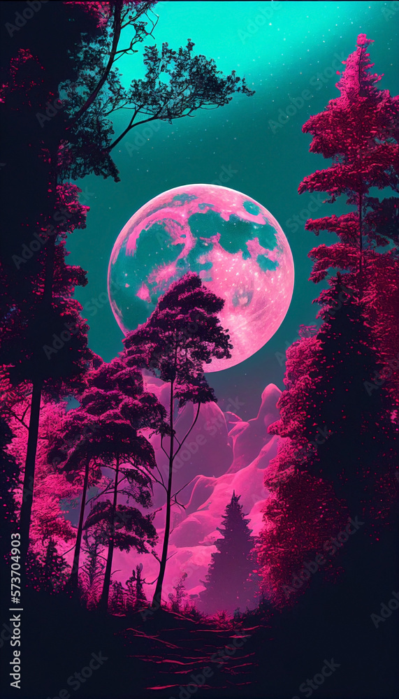 Lovely pink sky with a full moon over the night forest landscape. Ai generated.