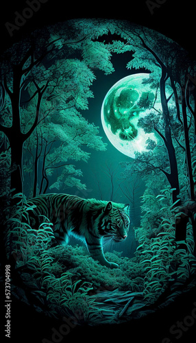 A tiger is hunting in the jungle on a full moon night. Ai generated.