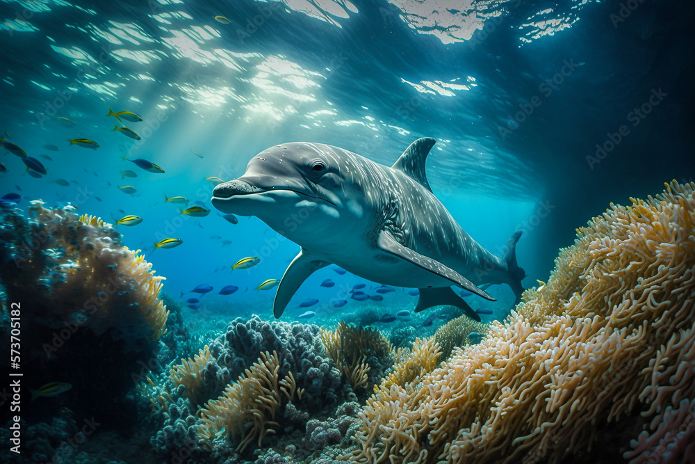 dolphin among coral reefs in blue clear ocean water. illustration Generative AI