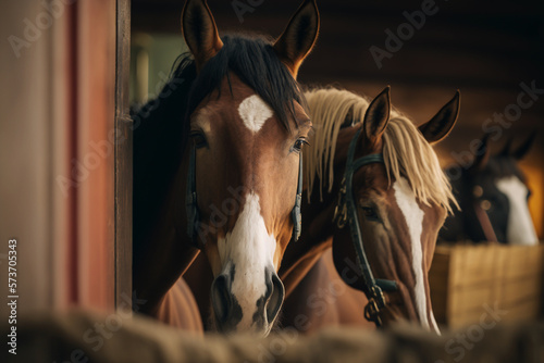 two horses in a stable in a stall illustration Generative AI
