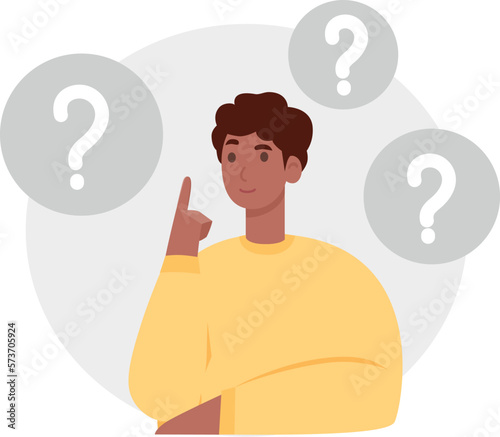 Choice between two or more options. Dilemma concept. Puzzled questioned man doubting, deciding, choosing, comparing alternatives, risks. Flat graphic vector illustration isolated on white background