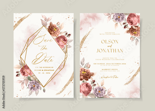Watercolor wedding invitation template set with rust purple dried floral and leaves decoration
