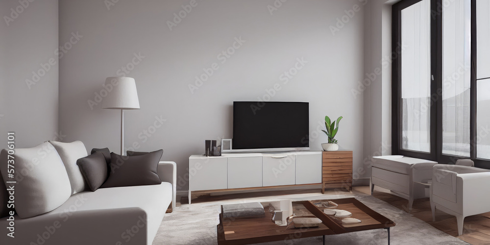 Elegant and comfortable designed living room with big corner sofa. Interior design modern apartment. Generative AI.