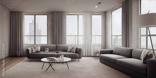 Elegant and comfortable designed living room with big corner sofa. Interior design modern apartment. Generative AI.