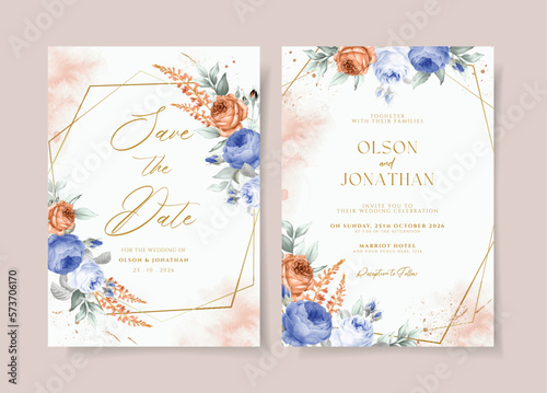 Wedding invitation template set with blue orange floral and leaves decoration
