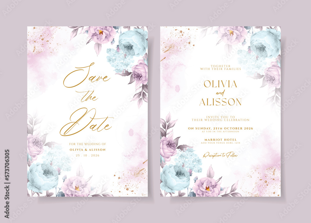 Watercolor wedding invitation template set with beautiful blue purple floral and leaves decoration