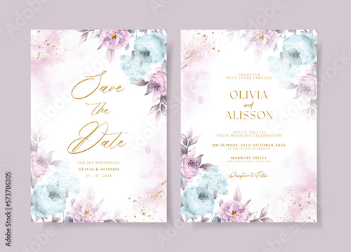 Watercolor wedding invitation template set with beautiful blue purple floral and leaves decoration
