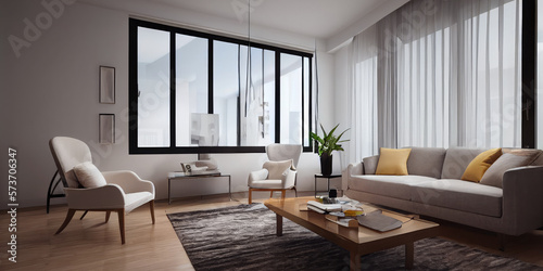 Elegant and comfortable designed living room with big corner sofa. Interior design modern apartment. Generative AI.