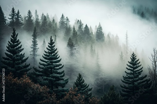 Strange fog shrouds a forest of evergreen trees. Massive pine trees. The country of France; Europe. Scenery in the dark and enveloping autumn air. Beautiful, panoramic views. Ecology, environmental to