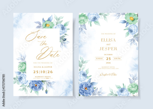 Watercolor wedding invitation template set with green blue floral and leaves decoration