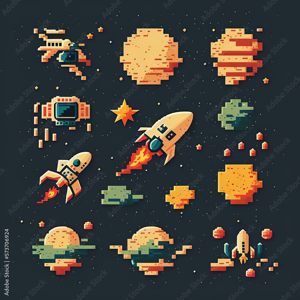 Naklejka premium Pixel art assets space ,16 bits, 8 bits, Retro, vintage.