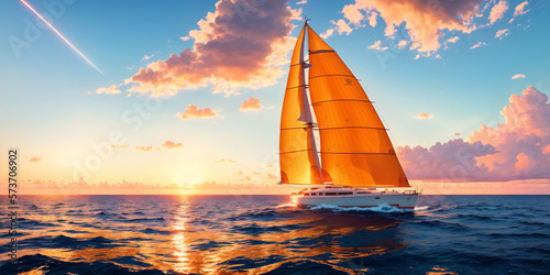Beautiful luxury sail yachts in the open sea in warm light of sunset. Golden hour. AI generative photo