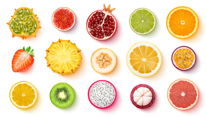 Fruits and berries isolated on white background, top view, flat lay