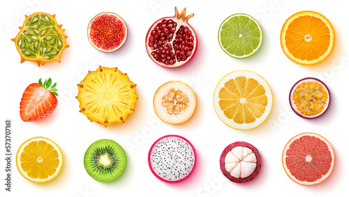 Fototapeta Naklejka Na Ścianę i Meble -  Fruits and berries isolated on white background, top view, flat lay