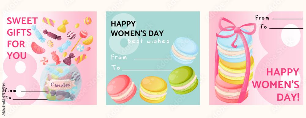 Set of three greeting cards for March 8. Postcards for World Women's Day. Card with sweets and macaroons. Gentle pink and turquoise cards for girls. Postcards from to with line