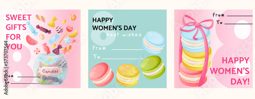 Set of three greeting cards for March 8. Postcards for World Women's Day. Card with sweets and macaroons. Gentle pink and turquoise cards for girls. Postcards from to with line