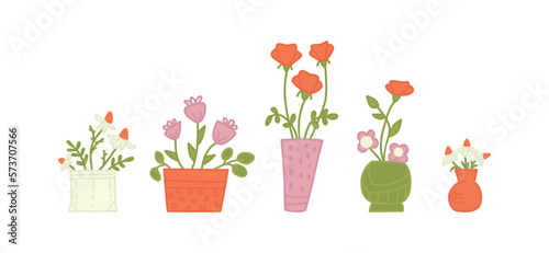 Set of bouquets of cute flowers in vases. Vector illustration in doodle style. Isolated on a white background.