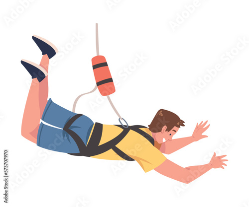 Bungee Jumping with Man Character Free Falling Down from Great Height Connected to Elastic Cord Vector Illustration