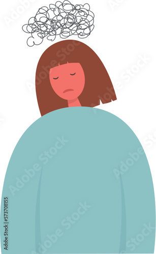 Unhappy sad girl with bad mood, suffering from grief, soul hurt, offense, sorrow and other negative psychological states and problems. Colored flat vector illustration isolated on white