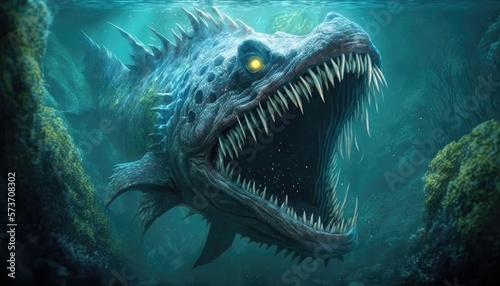 Sea monster open its mouth with teeth, fantasy underwater creature, generative AI © Adriana