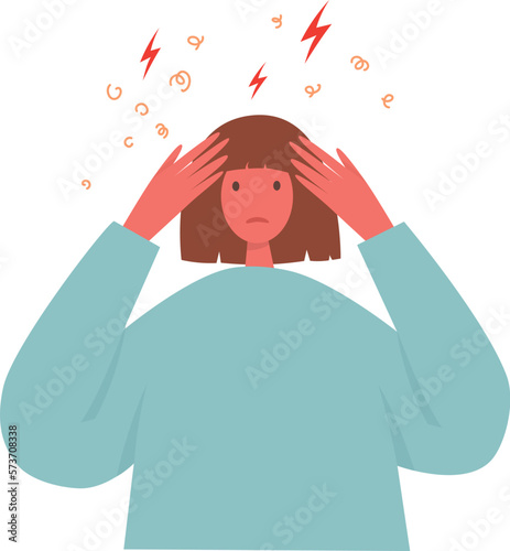 Unhappy sad girl with bad mood, suffering from grief, soul hurt, offense, sorrow and other negative psychological states and problems. Colored flat vector illustration isolated on white