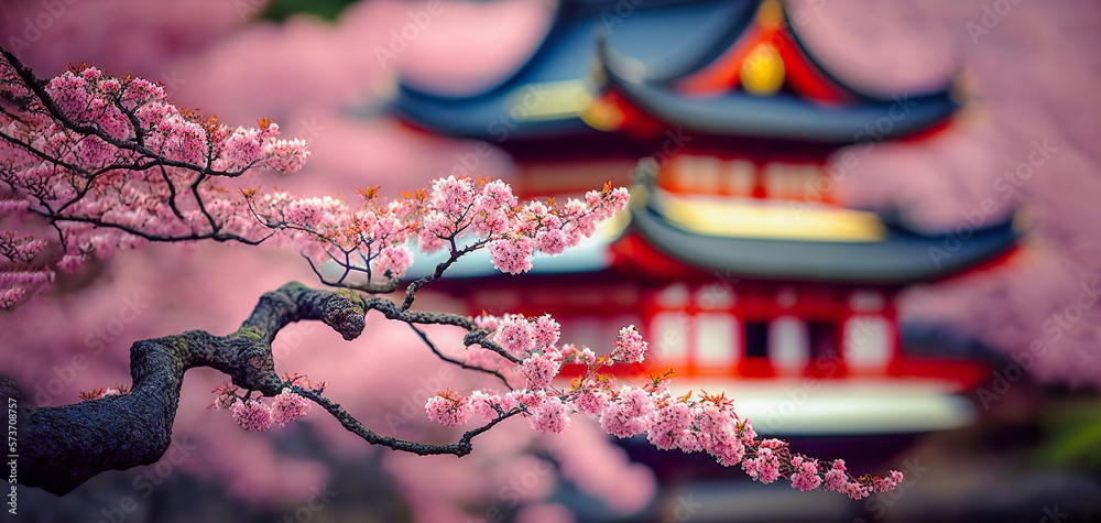 Beautiful Japanese temple cherry blossom trees, sakura season