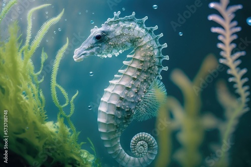Macro closeup of a seahorse (Sea Horse), a little marine fish of the genus Hippocampus, swimming past a background of green underwater vegetation. Generative AI