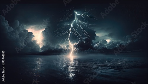 Lightning strike on the water surface, atmospheric background, dark landscape