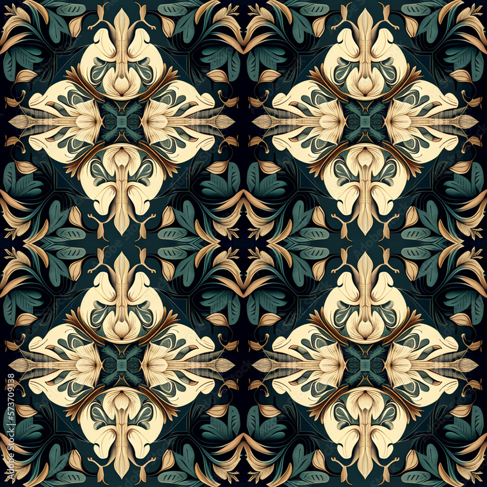 Elegant seamless pattern in Damask style. Background with flowers, leaves, repeat elements. Illustration created with generative AI tools. Baroque floral wallpapers. Green and beige colours ornament Elegant seamless pattern in Damask style. Background with flowers, leaves, repeat elements. Illustration created with generative AI tools. Baroque floral wallpapers. Green and beige colours ornament