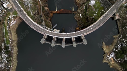 Panoramic drone view of The Grangent dam on the Loire river. Built between 1955 and 1957. Is located downstream of Aurec sur Loire in the surroundings of Saint-Etienne. photo